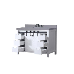 English Elm White 48-inch Bath Vanity with Grey Quartz Top, Soft-Close Drawers, Matte Black Faucet Included B2731P260118