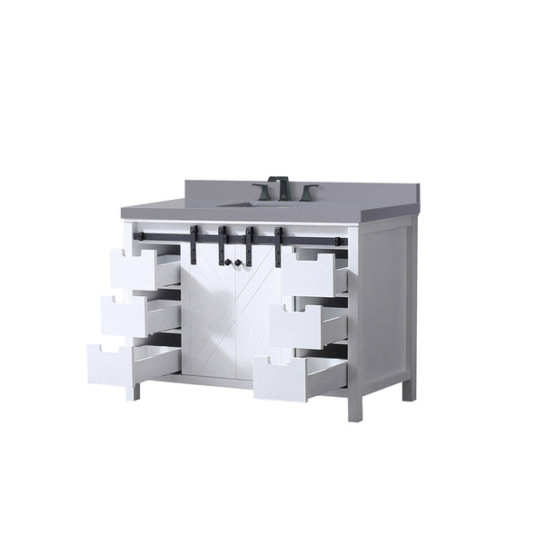English Elm White 48-inch Bath Vanity with Grey Quartz Top, Soft-Close Drawers, Matte Black Faucet Included B2731P260118