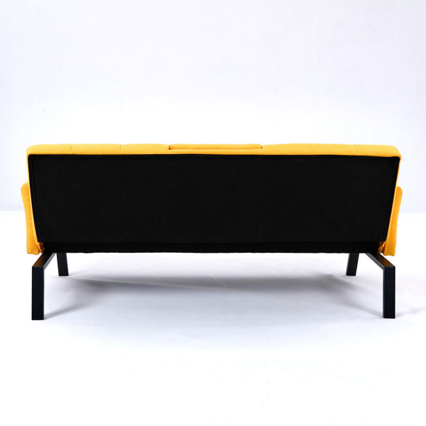 English Elm 70-inch Foldable Cotton Linen Sofa Bed with Cup Holder & Side Storage, Space-Saving 2-Seater Design Yellow W3371P337202