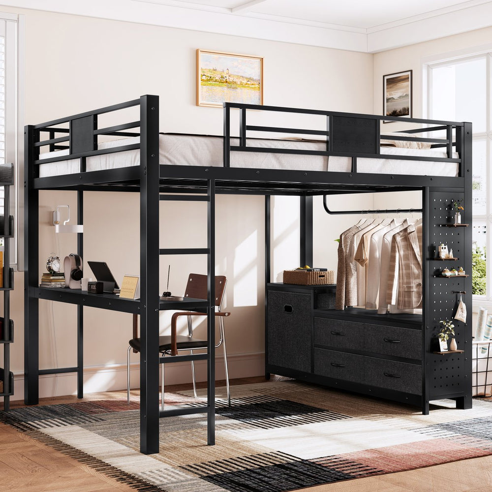 English Elm Queen Bunk Bed with Trundle Solid Pine Kids Car Themed Frame Built-in Bookshelf W1580S00440
