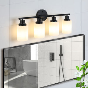 English Elm Modern 4-Light Vanity Bathroom Mirror Light, Frosted White Glass With Black Iron Frame, Contemporary Wall Sconce For Bedroom, Bathroom, and Dressing Room (Bulb Not Included)