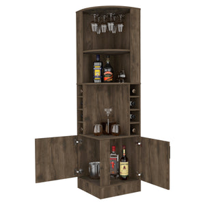 English Elm Seattle Corner Bar Cabinet with 8 Bottle Cubbies, Glass Racks & 2 Open Display Shelves — Modern Elegance B128P176131