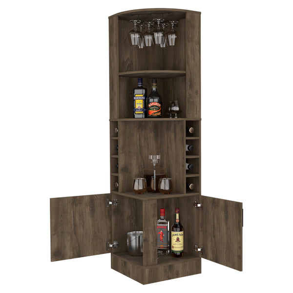 English Elm Seattle Corner Bar Cabinet with 8 Bottle Cubbies, Glass Racks & 2 Open Display Shelves — Modern Elegance B128P176131