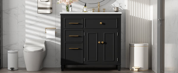 English Elm Christopher Knight Home® - 36" Freestanding 36-inch Modern Bathroom Vanity with Ceramic Sink, Ample Storage, Solid Legs, Durable Finish Black N759P284623B
