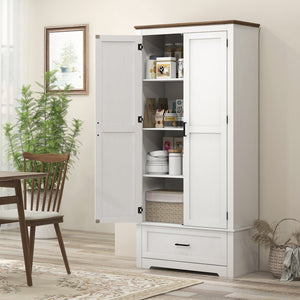 English Elm HOMCOM 67" Freestanding Kitchen Pantry Cabinet with 4 Doors, 6-Tier Adjustable Shelves, Rustic Charm Cream White W2225P249924