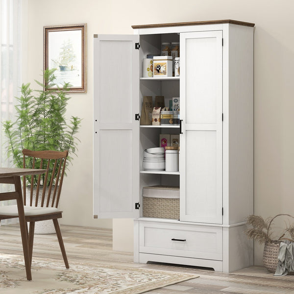 English Elm HOMCOM 67" Freestanding Kitchen Pantry Cabinet with 4 Doors, 6-Tier Adjustable Shelves, Rustic Charm Cream White W2225P249924