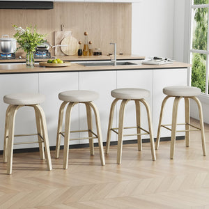 English Elm Swivel Backless Counter Stools Set of 2 with Fabric Seat Bentwood Legs Mid-century Modern Beige W3107P446882