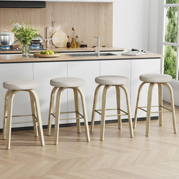 English Elm Swivel Backless Counter Stools Set of 2 with Fabric Seat Bentwood Legs Mid-century Modern Beige W3107P446882