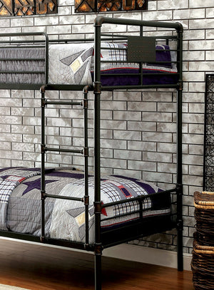 English Elm Industrial Bunk Bed Twin Over Twin Metal Pipe Frame with Built-In Ladder, Guard Rails, Rustic Accent Antique Black 73 L x 43 W x 7 H B2741P352530