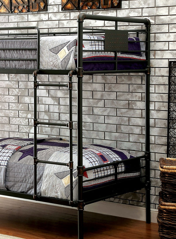 English Elm Industrial Bunk Bed Twin Over Twin Metal Pipe Frame with Built-In Ladder, Guard Rails, Rustic Accent Antique Black 73 L x 43 W x 7 H B2741P352530
