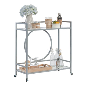 English Elm Contemporary Rolling Bar Cart with Tempered Glass Shelves and Gray Metal Frame B356P367947