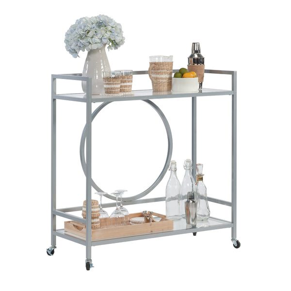 English Elm Contemporary Rolling Bar Cart with Tempered Glass Shelves and Gray Metal Frame B356P367947