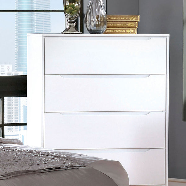 English Elm Modern Mid-Century Chest with Tapered Legs and Four Recessed-Handle Drawers, Sleek Storage Appeal White 37 L x 20 W x 44 H B2741P367991