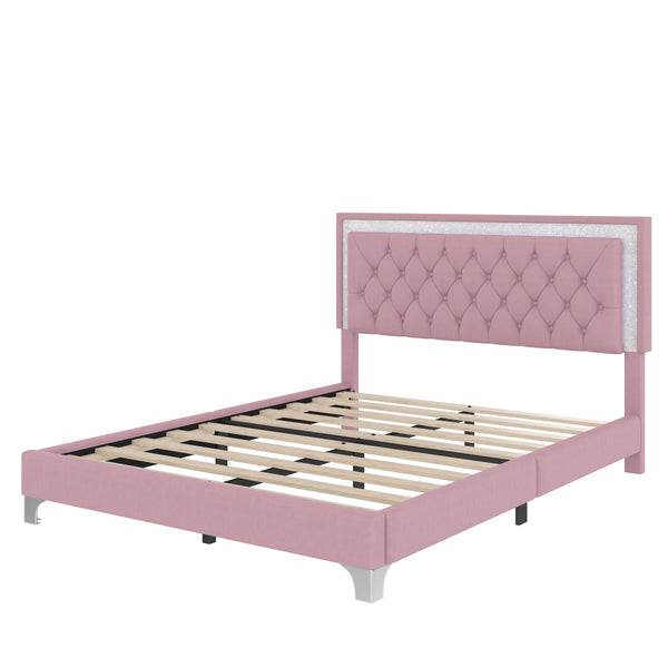 English Elm Queen Velvet Upholstered Bed Frame with LED Ambiance, Tufted Headboard, Sturdy Slat Support Pink 63.98 L x 23.23 W x 5.91 H N733P183657H