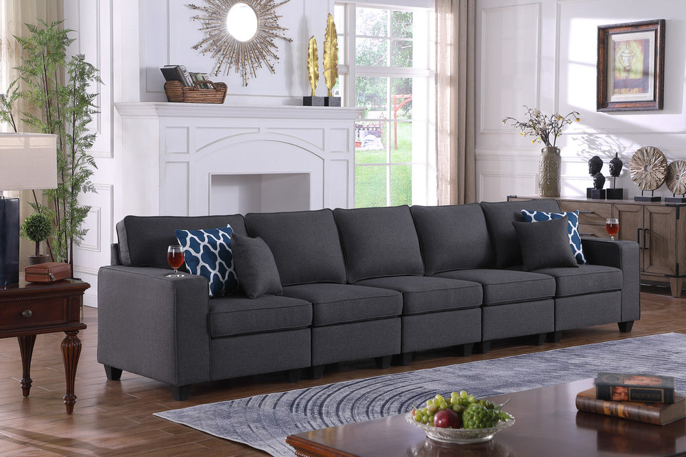 English Elm Cristiano Five Seat Modular Sofa Linen Upholstered with Built in Cupholders B2749S00103