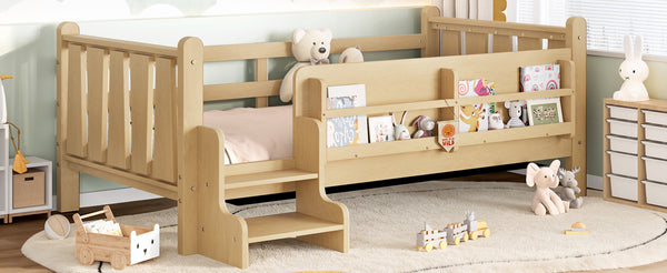 English Elm Twin Pine Floor Bed with Guardrails Built-in Bookcases and Stair Steps for Kids W1580P430184