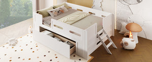 English Elm Wood Twin Platform Bed for Kids with Fence Guardrail and Under Storage Drawer White N709P385776K