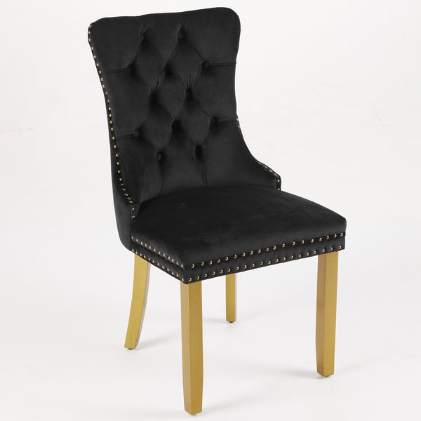 English Elm Mid-Century Tufted Velvet Dining Chair with Lion Head Ring, Nailhead Trim, Solid Wood Legs Black W1143P193168