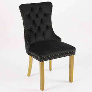 English Elm Mid-Century Velvet Dining Chair with Lion Head Pull Ring, Tufted Solid Wood Seat, Gold Legs Black W1143P193168