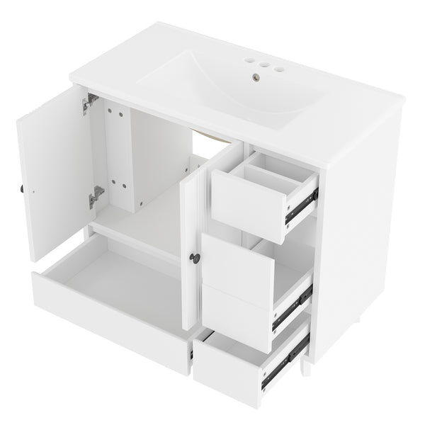 English Elm 36" Freestanding Bathroom Vanity Solid Wood Cabinet Ceramic Basin Four Drawers White W1580P382510