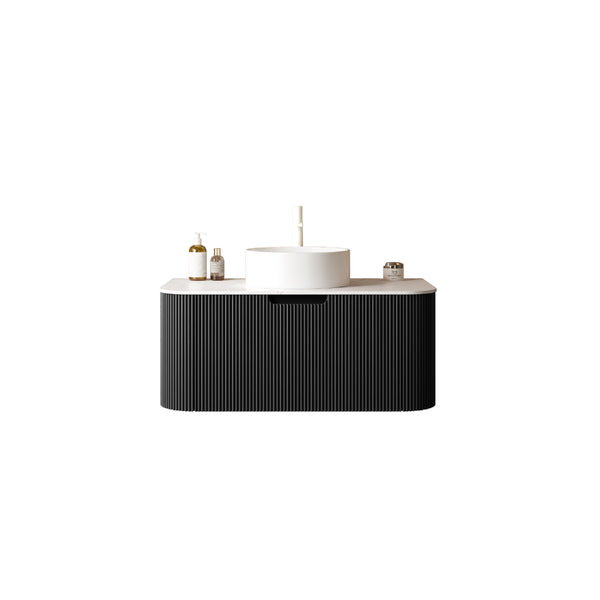 English Elm Dina Floating Bathroom Vanity Sintered Stone Top Glass Basin Striped Plywood Cabinet W2615S00393