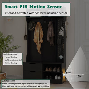 English Elm Hall Tree Entryway Organizer with 6 Hooks, Storage Bench & Open Shelves for Shoes and Coats Black 58.46 L x 21.85 W x 6.5 H W1321P190220