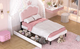 English Elm Twin Size Upholstered Princess Bed With Crown Headboard and 2 Drawers,Twin Size Platform Bed With Headboard and Footboard, Pink+White