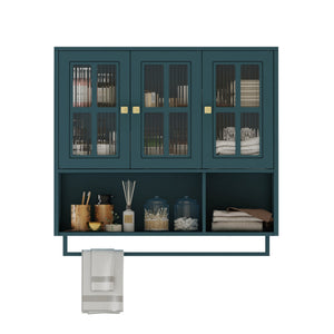 English Elm Bathroom Wall Cabinet Fluted Glass Doors Open Shelf Towel Bar Dark Green Mdf W757P400531