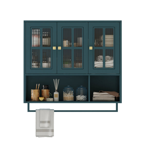 English Elm Bathroom Wall Cabinet Fluted Glass Doors Open Shelf Towel Bar Dark Green Mdf W757P400531