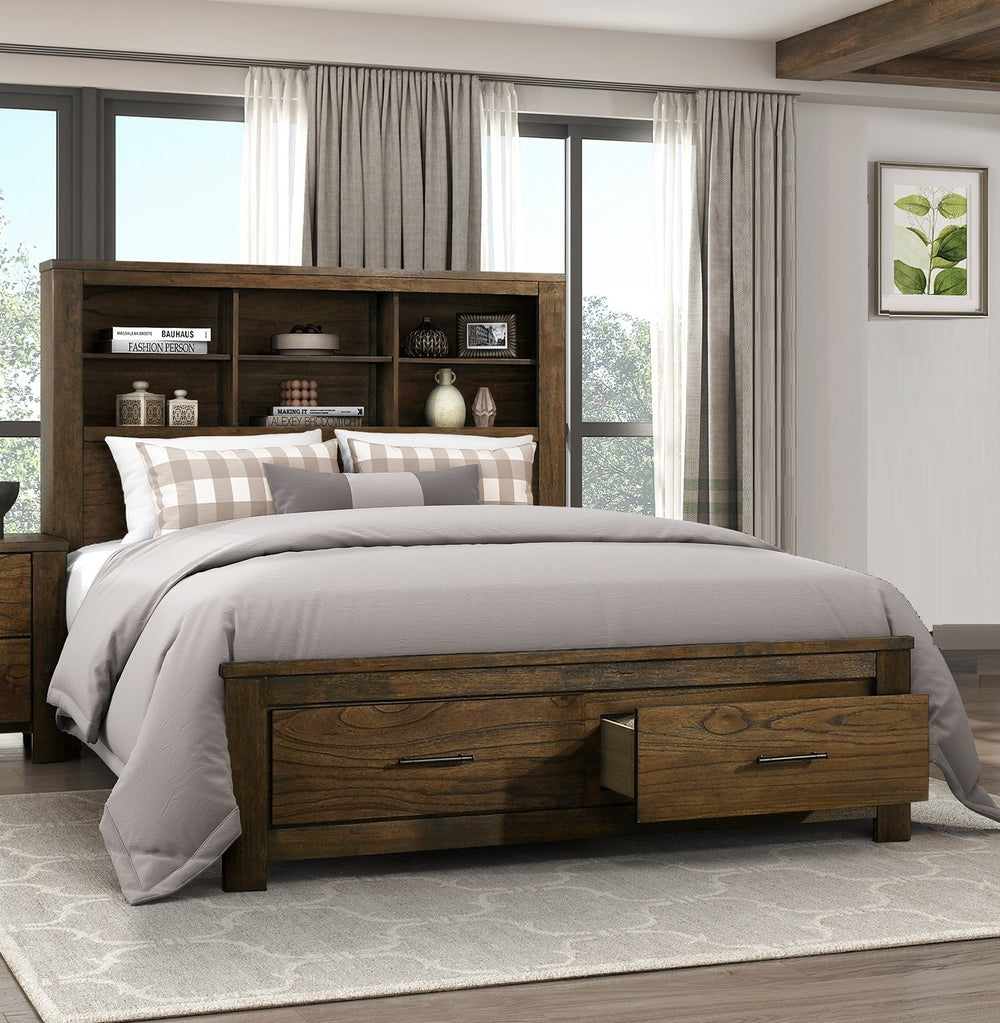English Elm Queen Bookcase Headboard Platform Bed Wire Brushed Oak Finish with Storage Drawers B011S01515