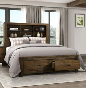 English Elm Queen Bookcase Headboard Platform Bed Wire Brushed Oak Finish with Storage Drawers B011S01515