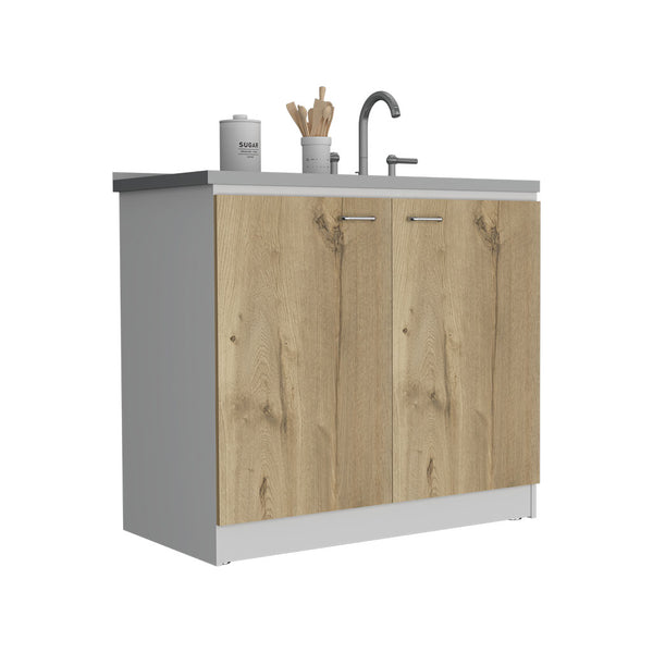 English Elm Freestanding Sink Cabinet With Double Doors & Two Shelves In White And Light Oak For Modern Kitchens B097S00137