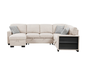 English Elm Cairo Modern Sectional With Pullout Sleeper, Storage, Bookcase Armrests & Usb Charging In Beige P2 B009S01661-GIGA