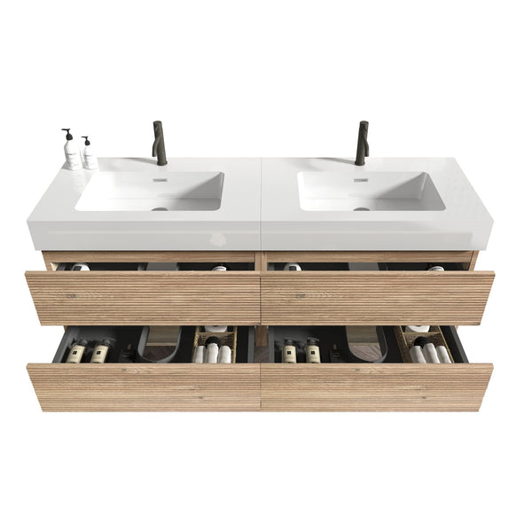 English Elm Grace 60" Bathroom Vanity Wall-Mounted Floating Mid-Century Modern Walnut Grille, Quiet Soft-Close Drawers and One-Piece White Basin (ECO) Oak W1865S00160