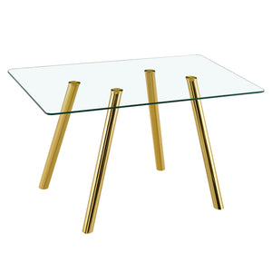 English Elm Tempered Glass Dining Set Seats 4 with Gold Metal Legs and White Pu Leather Chairs W3875S00046
