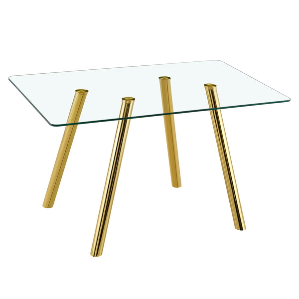 English Elm Tempered Glass Dining Set Seats 4 with Gold Metal Legs and White Pu Leather Chairs W3875S00046