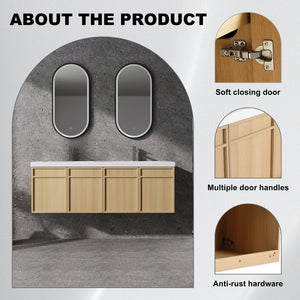 English Elm 60" 60" Wall-Mounted Bathroom Vanity with Double Resin Sink, 4 Soft-Closing Doors, Oak Finish W1972P315223