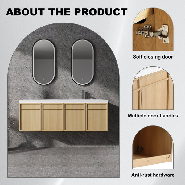 English Elm 60" 60" Wall-Mounted Bathroom Vanity with Double Resin Sink, 4 Soft-Closing Doors, Oak Finish W1972P315223