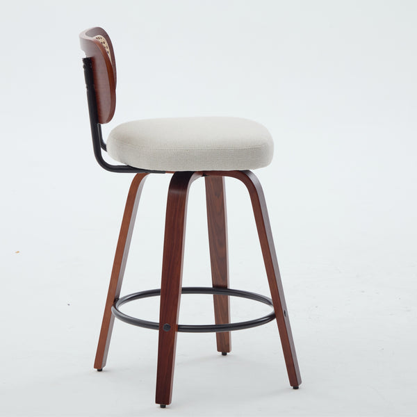 English Elm Set of 2 Swivel Counter Stools Walnut Frame Rattan Back Linen Seat Kitchen Island Beige W1143P392163