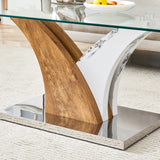 English Elm Rectangular Coffee Table.Tempered Glass Countertop, and Artistic Mdf Legs,Perfect For Hosting Dinners, Conferences, Home, and Office Decorations.White and Wood,Dining Table,Tea Table.Coffee Table.