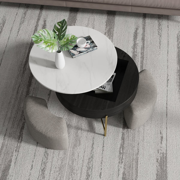 English Elm Vita Modern 31.5" Round Lift-Top Coffee Table Set with Iron Legs and Storage Shelves, Stylish Black,Light beige B341S00043
