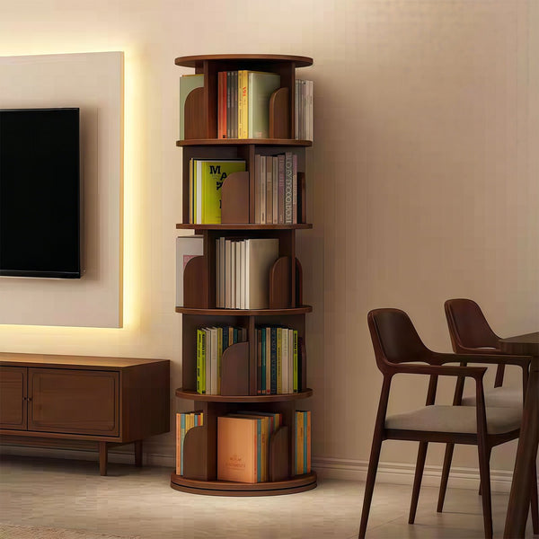 English Elm 5 Tier Rotating Bookshelf Tower with 360° Spin, Space-Saving Corner Display, Modern MDF Storage Unit Walnut W3204P355670
