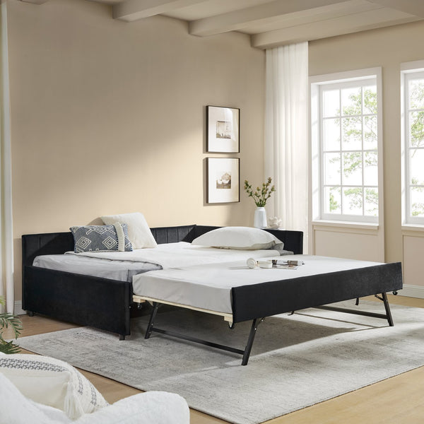 English Elm Full Size Daybed With Trundle - Stylish Velvet Sofa Bed Frame For Cozy Spaces & Overnight Guests W1413S00086