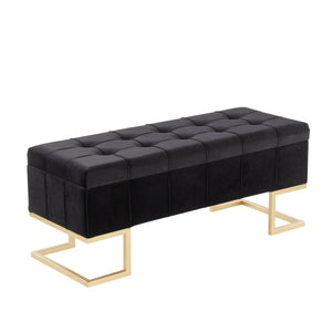 English Elm Storage Bench with Button Tufted Velvet Seat and Gold Tapered Legs for Bedroom B202P471510