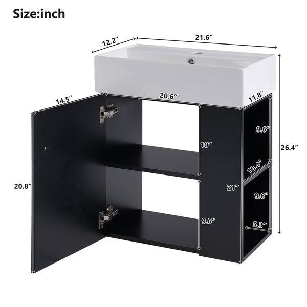 English Elm 21.6 inch Modern Floating Bathroom Vanity with Ceramic Basin, Wave Door, Rose Gold Handle Black N729P170388B