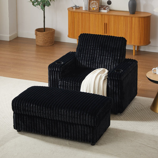 English Elm 42.5-inch corduroy single recliner with cup holder, storage ottoman, plush back pillow for lounging Black W834P375124