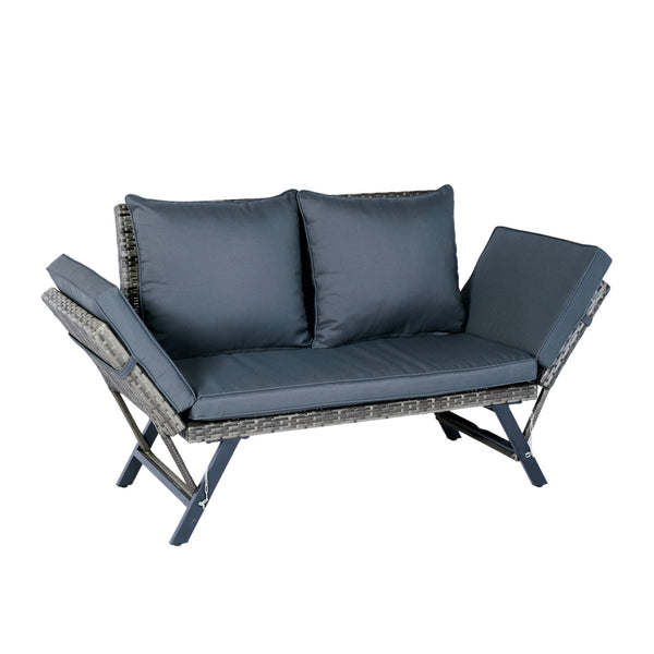 English Elm 1 PCS Patio Wicker Bench Foldable Side Armrest Grey Wicker Dark Grey Cushion Weatherproof Seat W329P285874