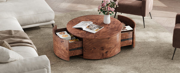 English Elm Burl Veneer Round Coffee Table Swivel Top Two Drawers Walnut Living Room N735P387206D