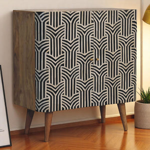 English Elm Solid Mango Wood Cabinet Handcrafted Bone Inlay Geometric Pattern Two Shelves Boho B182P279325