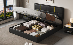 English Elm Queen Upholstered Storage Bed Gas Lift Platform with Gold Trim Pu Headboard N733S362241B